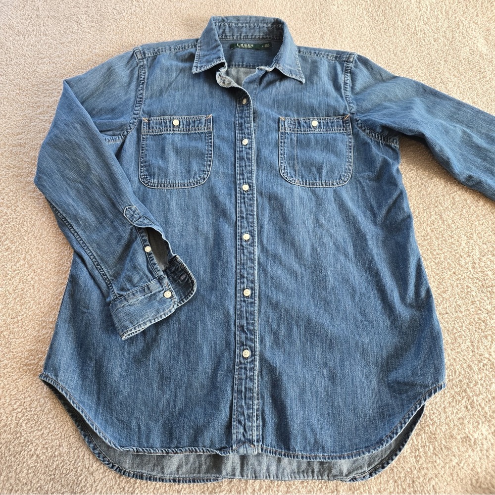 Lauren Ralph Lauren Women's Button-Up Denim Shirt Sz L Pockets Classic Layering